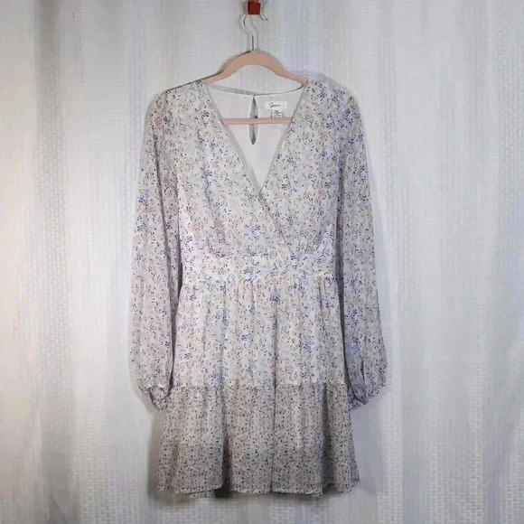 Japna Size XL cross front long sleeve tiered tie back blue/white/peach dress - Picture 1 of 16